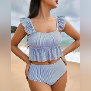 Blue & White Striped Two-Piece Tankini Swimsuit Ruffle Peplum Top Size S NWT